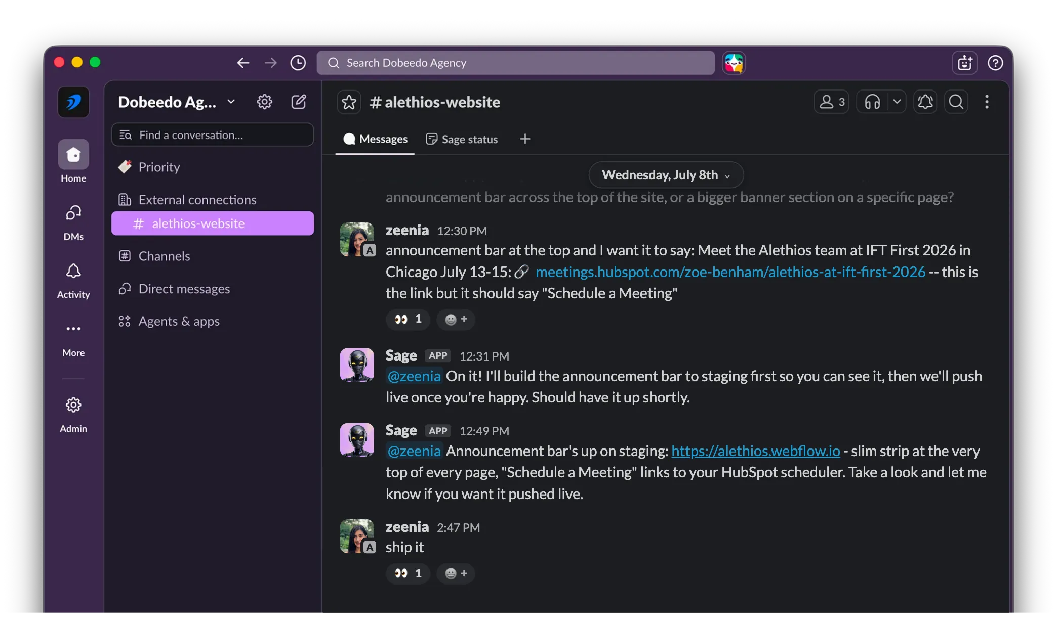 A Slack channel, #alethios-website, showing a client conversation with the Sage AI agent building and shipping website work same day.